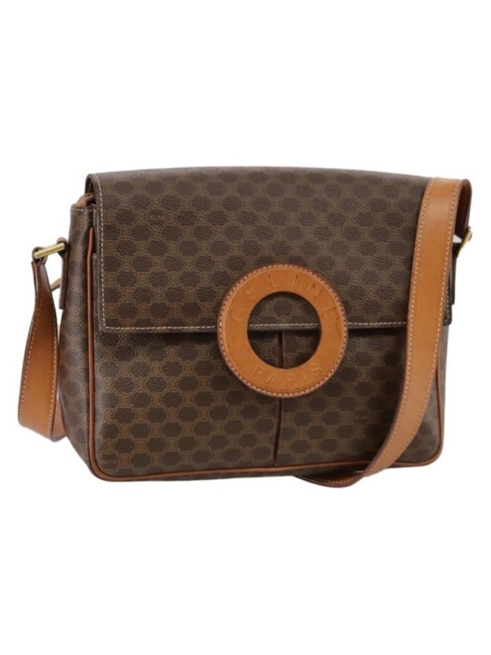 Authentic CELINE Macadam Canvas Shoulder Bag PVC Leather Brown Gold